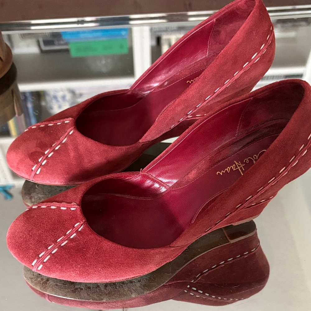 Red Suede Wedge Pumps - Women